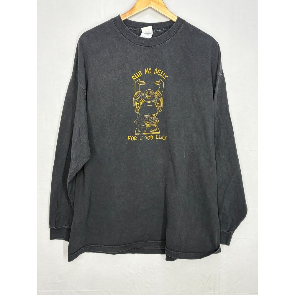 Rub My Belly Smiley Buddha Print T-Shirt Mens Black 2XL‎ Vintage 90s Alstyle AAA